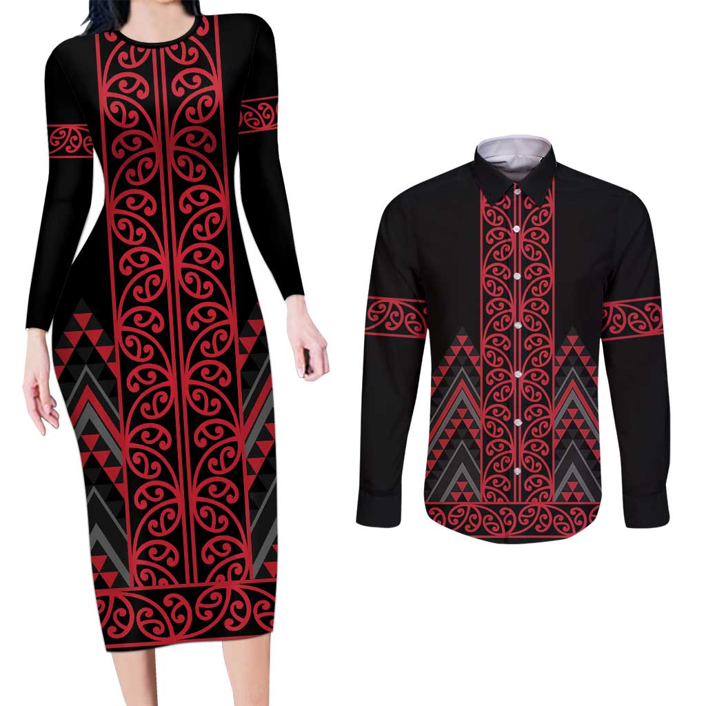 Red Aotearoa Mangopare Kowhaiwhai and Niho Taniwha Couples Matching Long Sleeve Bodycon Dress and Long Sleeve Button Shirt Maori New Zealand LT14 Red - Polynesian Pride