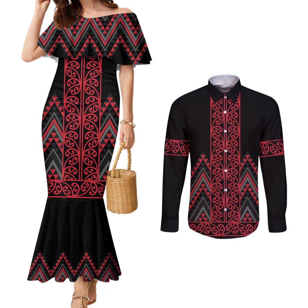 Red Aotearoa Mangopare Kowhaiwhai and Niho Taniwha Couples Matching Mermaid Dress and Long Sleeve Button Shirt Maori New Zealand LT14 Red - Polynesian Pride