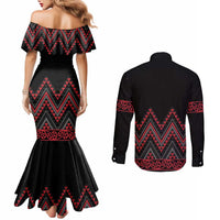 Red Aotearoa Mangopare Kowhaiwhai and Niho Taniwha Couples Matching Mermaid Dress and Long Sleeve Button Shirt Maori New Zealand LT14 - Polynesian Pride