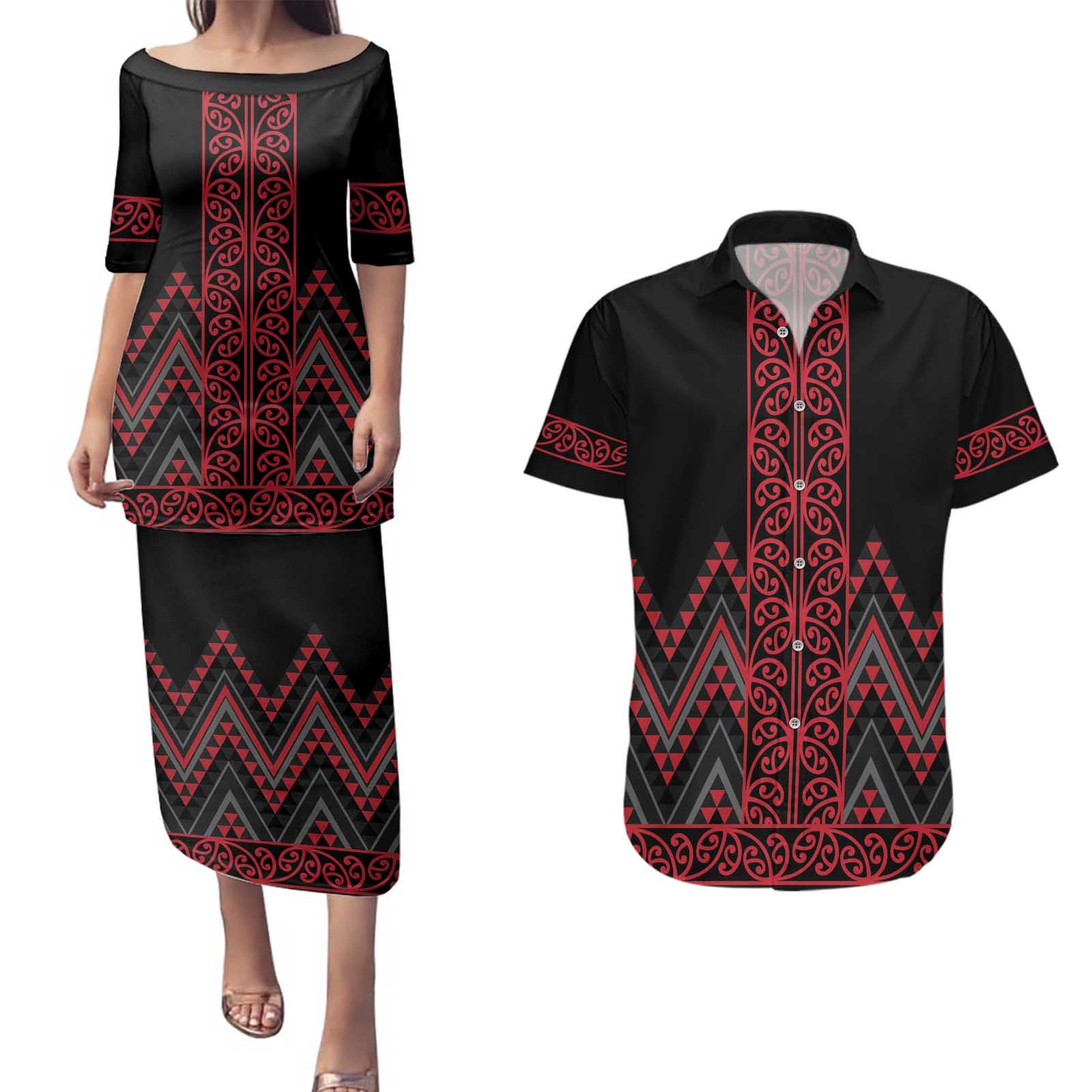 Red Aotearoa Mangopare Kowhaiwhai and Niho Taniwha Couples Matching Puletasi and Hawaiian Shirt Maori New Zealand