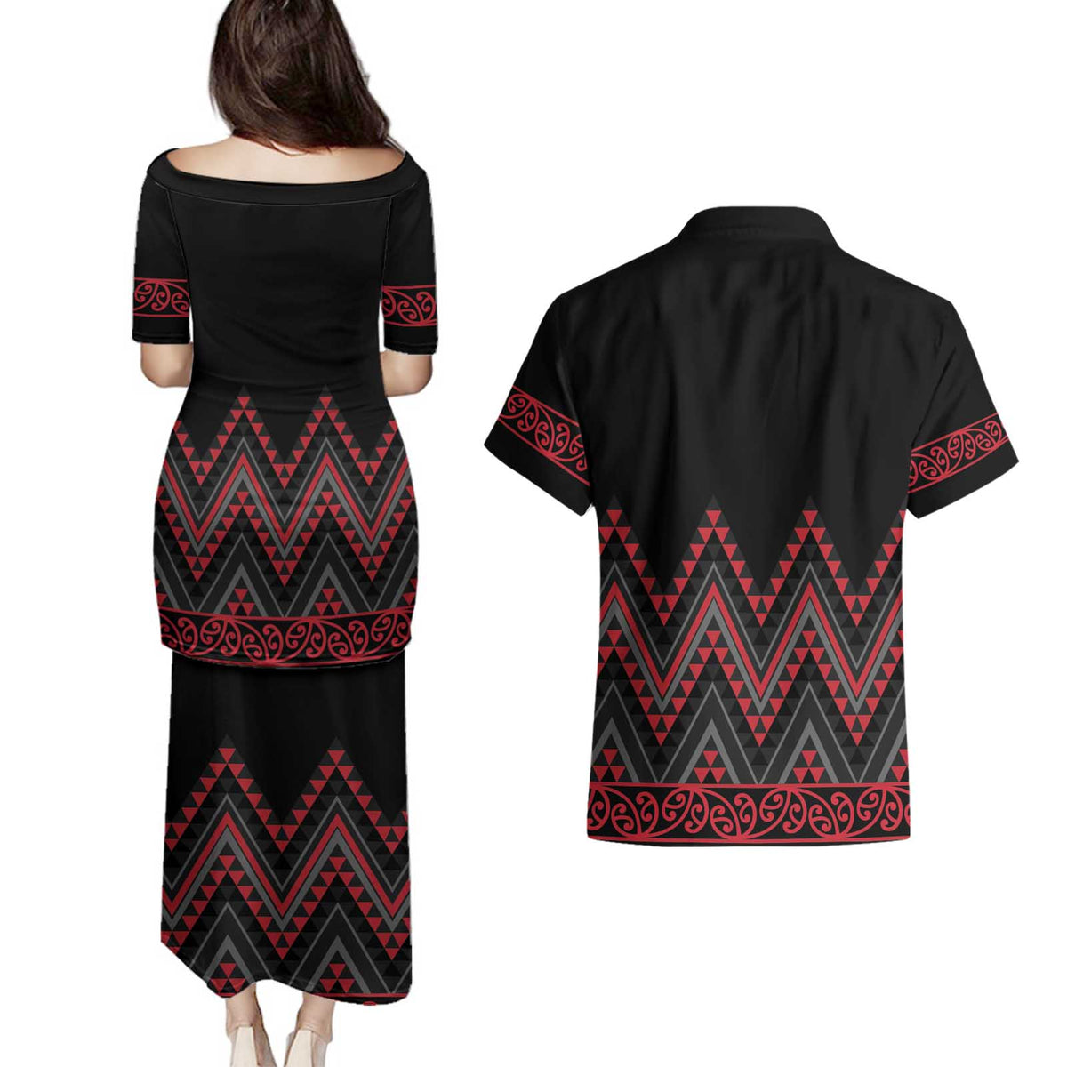 Red Aotearoa Mangopare Kowhaiwhai and Niho Taniwha Couples Matching Puletasi and Hawaiian Shirt Maori New Zealand LT14 - Polynesian Pride