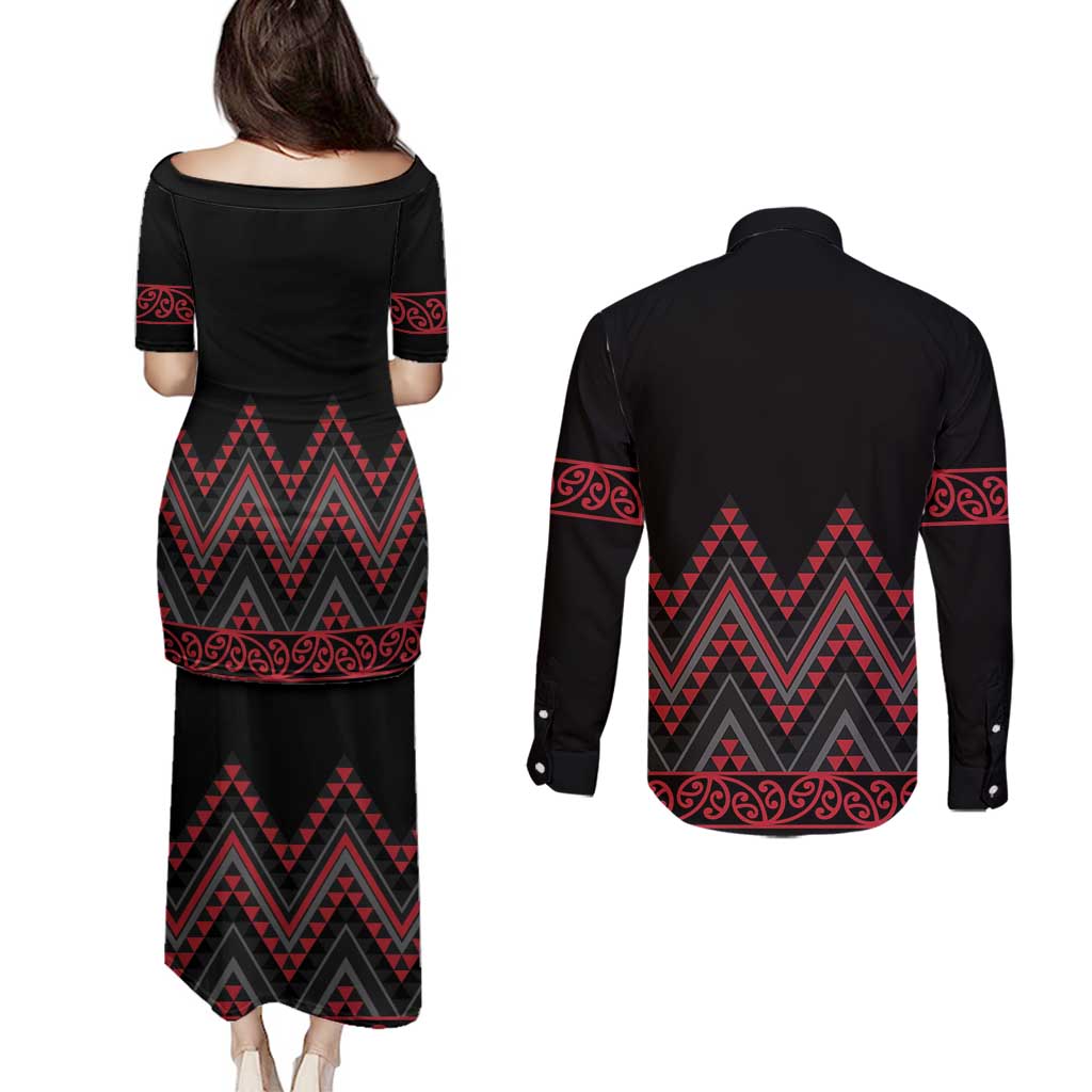Red Aotearoa Mangopare Kowhaiwhai and Niho Taniwha Couples Matching Puletasi and Long Sleeve Button Shirt Maori New Zealand