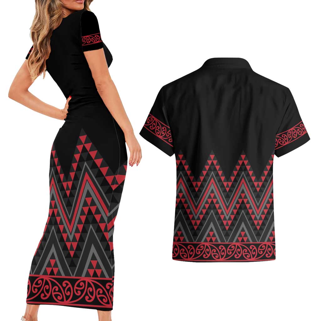 Red Aotearoa Mangopare Kowhaiwhai and Niho Taniwha Couples Matching Short Sleeve Bodycon Dress and Hawaiian Shirt Maori New Zealand LT14 - Polynesian Pride
