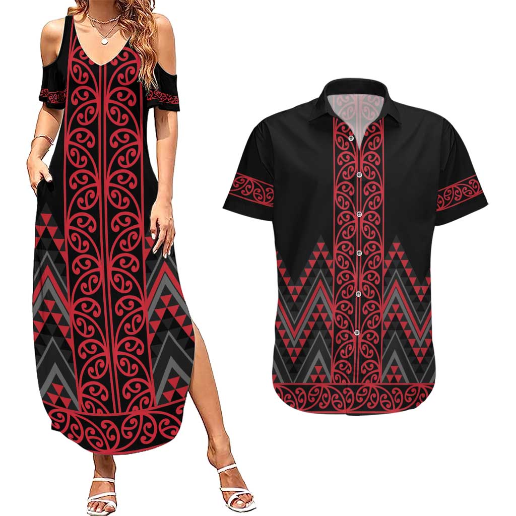 Red Aotearoa Mangopare Kowhaiwhai and Niho Taniwha Couples Matching Summer Maxi Dress and Hawaiian Shirt Maori New Zealand LT14 Red - Polynesian Pride