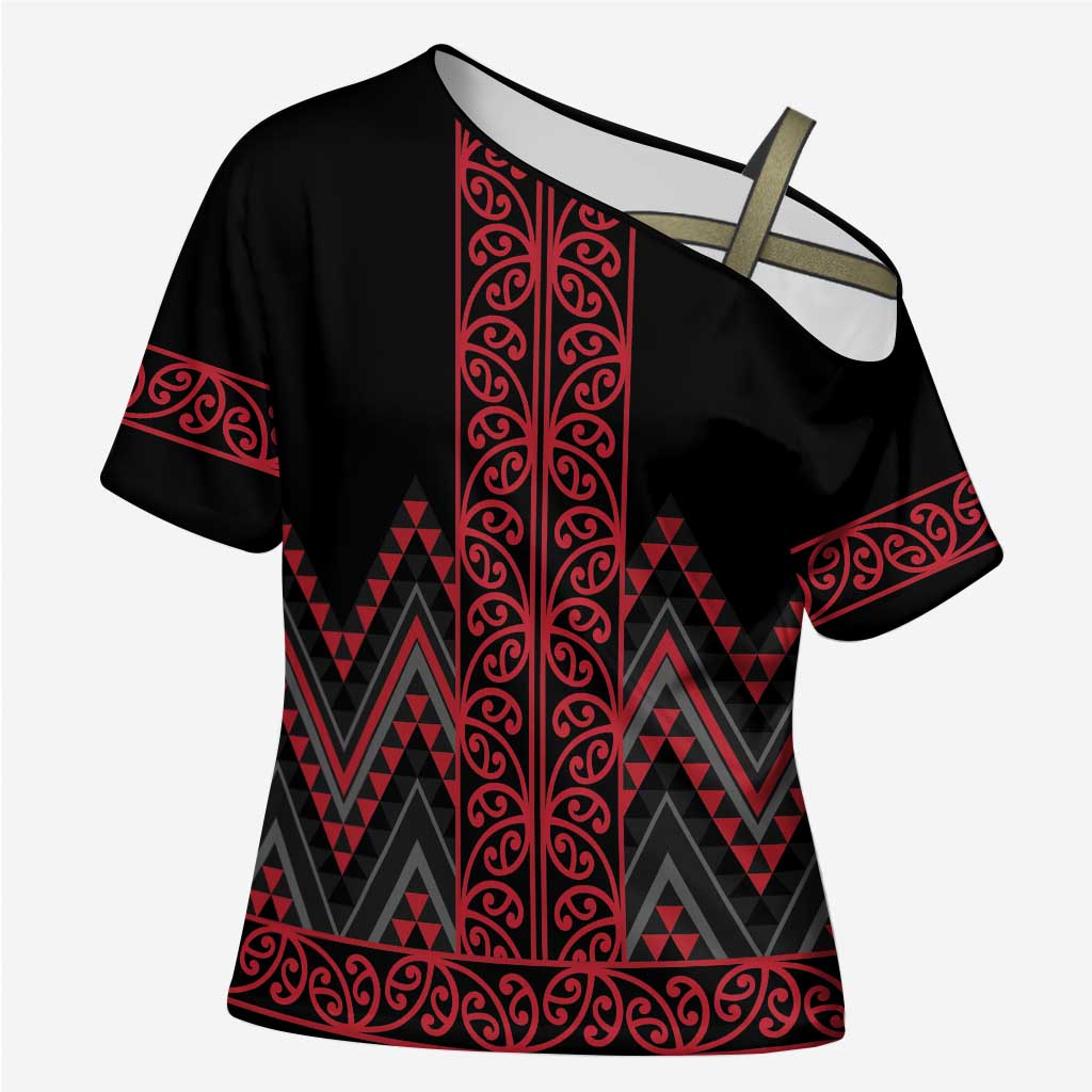 Red Aotearoa Mangopare Kowhaiwhai Niho Taniwha Cross Shoulder Shirt Maori New Zealand - Polynesian Pride