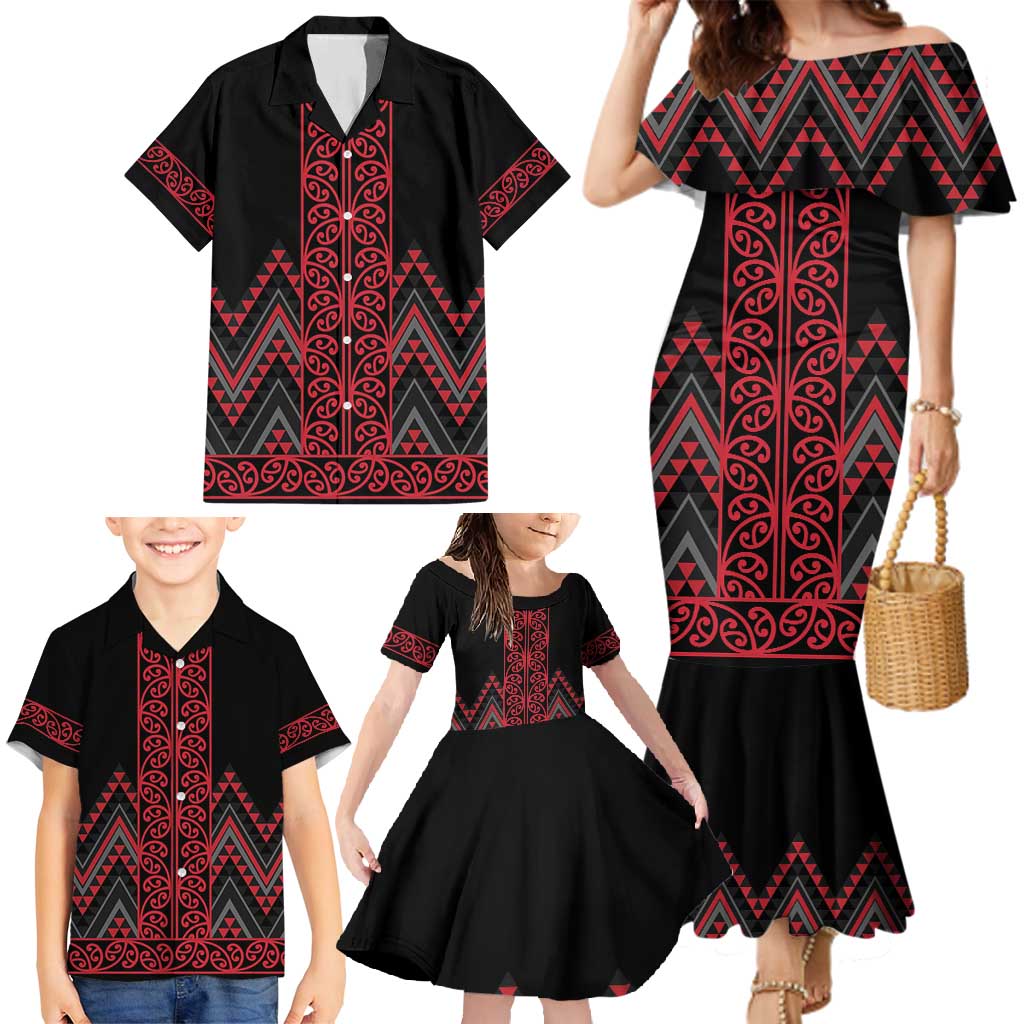 Red Aotearoa Mangopare Kowhaiwhai and Niho Taniwha Family Matching Mermaid Dress and Hawaiian Shirt Maori New Zealand LT14 - Polynesian Pride