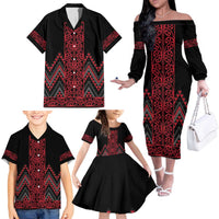 Red Aotearoa Mangopare Kowhaiwhai and Niho Taniwha Family Matching Off The Shoulder Long Sleeve Dress and Hawaiian Shirt Maori New Zealand