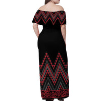 Red Aotearoa Mangopare Kowhaiwhai and Niho Taniwha Family Matching Off Shoulder Maxi Dress and Hawaiian Shirt Maori New Zealand