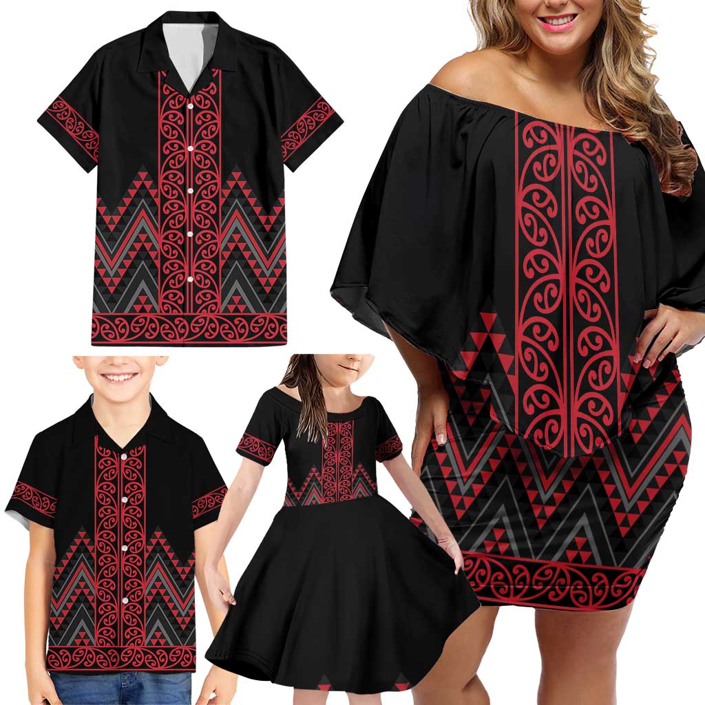 Red Aotearoa Mangopare Kowhaiwhai and Niho Taniwha Family Matching Off Shoulder Short Dress and Hawaiian Shirt Maori New Zealand