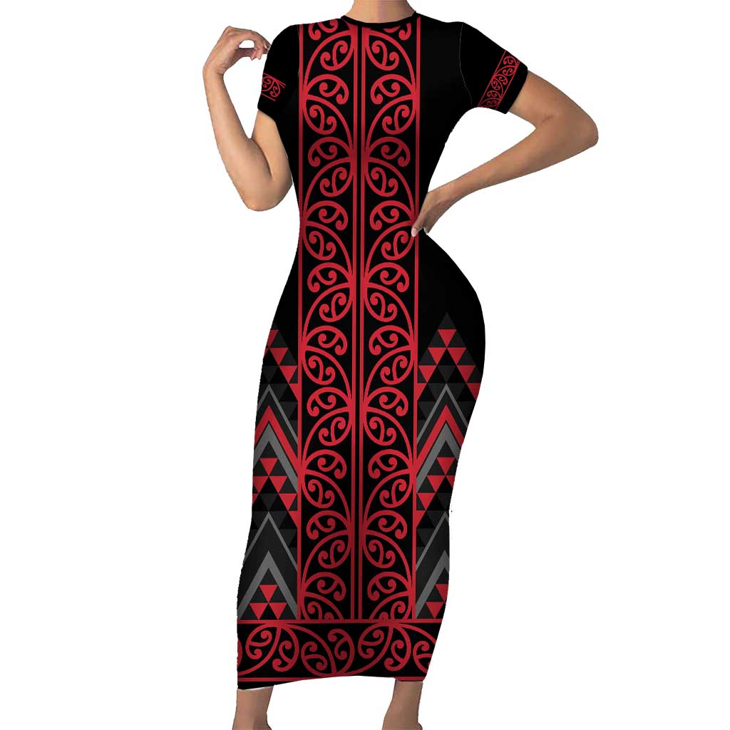 Red Aotearoa Mangopare Kowhaiwhai and Niho Taniwha Family Matching Short Sleeve Bodycon Dress and Hawaiian Shirt Maori New Zealand LT14 Mom's Dress Red - Polynesian Pride