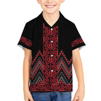 Red Aotearoa Mangopare Kowhaiwhai and Niho Taniwha Family Matching Short Sleeve Bodycon Dress and Hawaiian Shirt Maori New Zealand LT14 Son's Shirt Red - Polynesian Pride