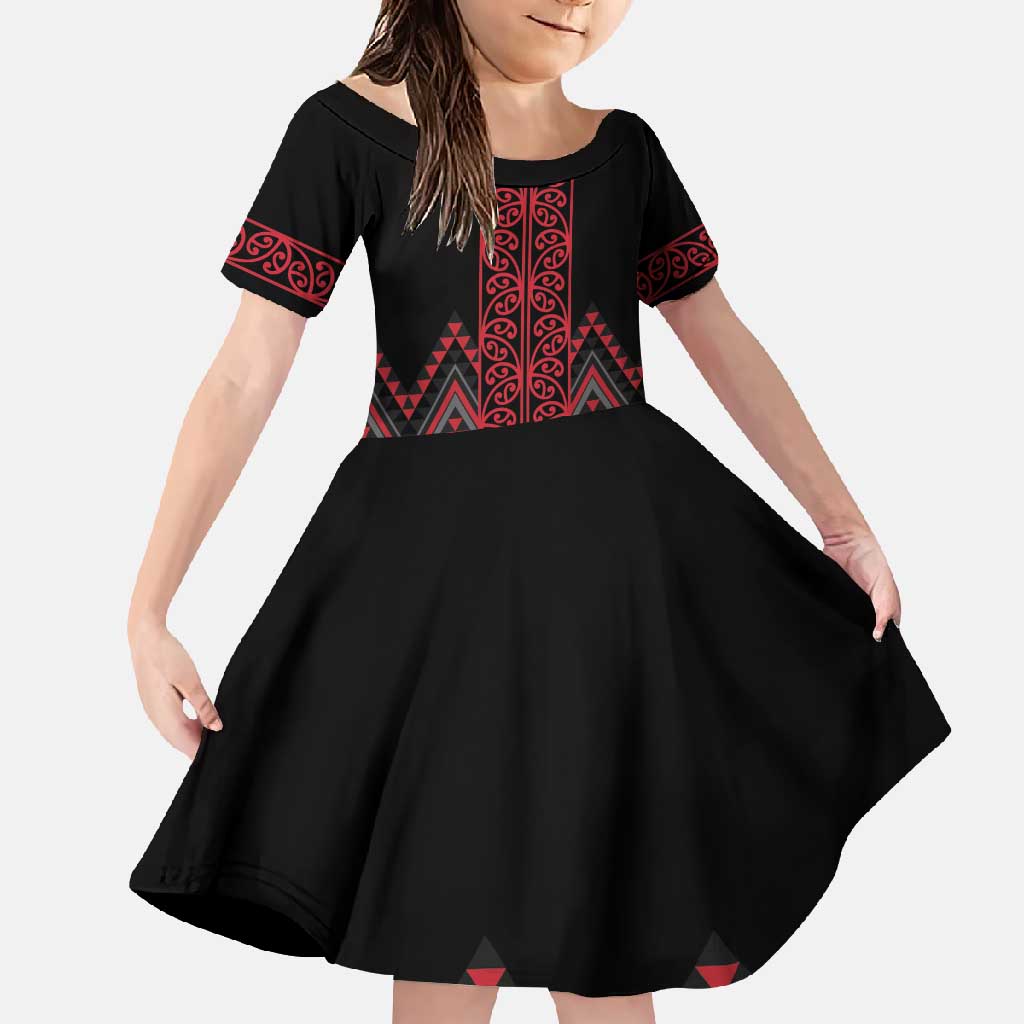 Red Aotearoa Mangopare Kowhaiwhai and Niho Taniwha Family Matching Tank Maxi Dress and Hawaiian Shirt Maori New Zealand LT14 Daughter's Dress Red - Polynesian Pride