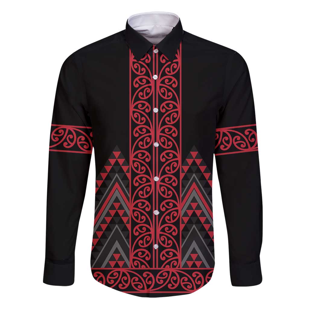 Red Aotearoa Mangopare Kowhaiwhai and Niho Taniwha Family Matching Tank Maxi Dress and Hawaiian Shirt Maori New Zealand LT14 Dad's Shirt - Long Sleeve Red - Polynesian Pride