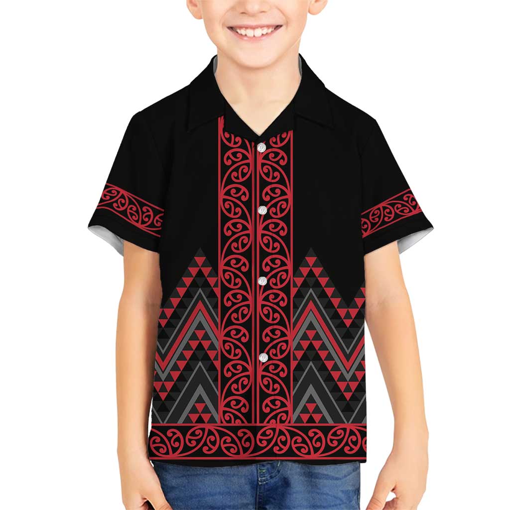 Red Aotearoa Mangopare Kowhaiwhai and Niho Taniwha Family Matching Tank Maxi Dress and Hawaiian Shirt Maori New Zealand LT14 Son's Shirt Red - Polynesian Pride
