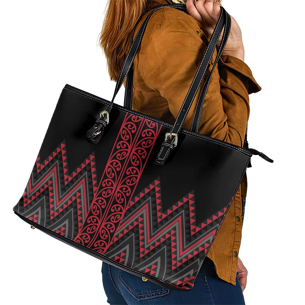 Red Aotearoa Mangopare Kowhaiwhai and Niho Taniwha Leather Tote Bag Maori New Zealand LT14 - Polynesian Pride