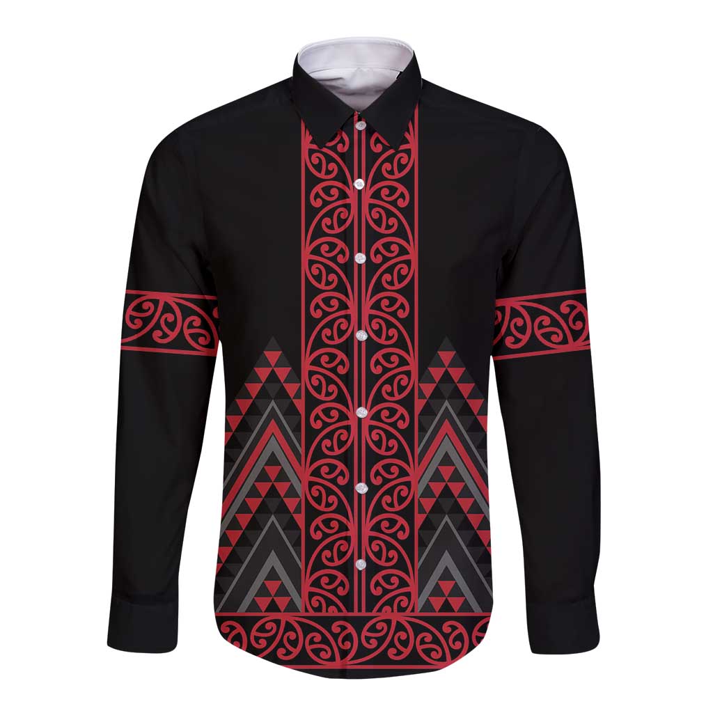 Red Aotearoa Mangopare Kowhaiwhai and Niho Taniwha Long Sleeve Button Shirt Maori New Zealand LT14 Unisex Red - Polynesian Pride