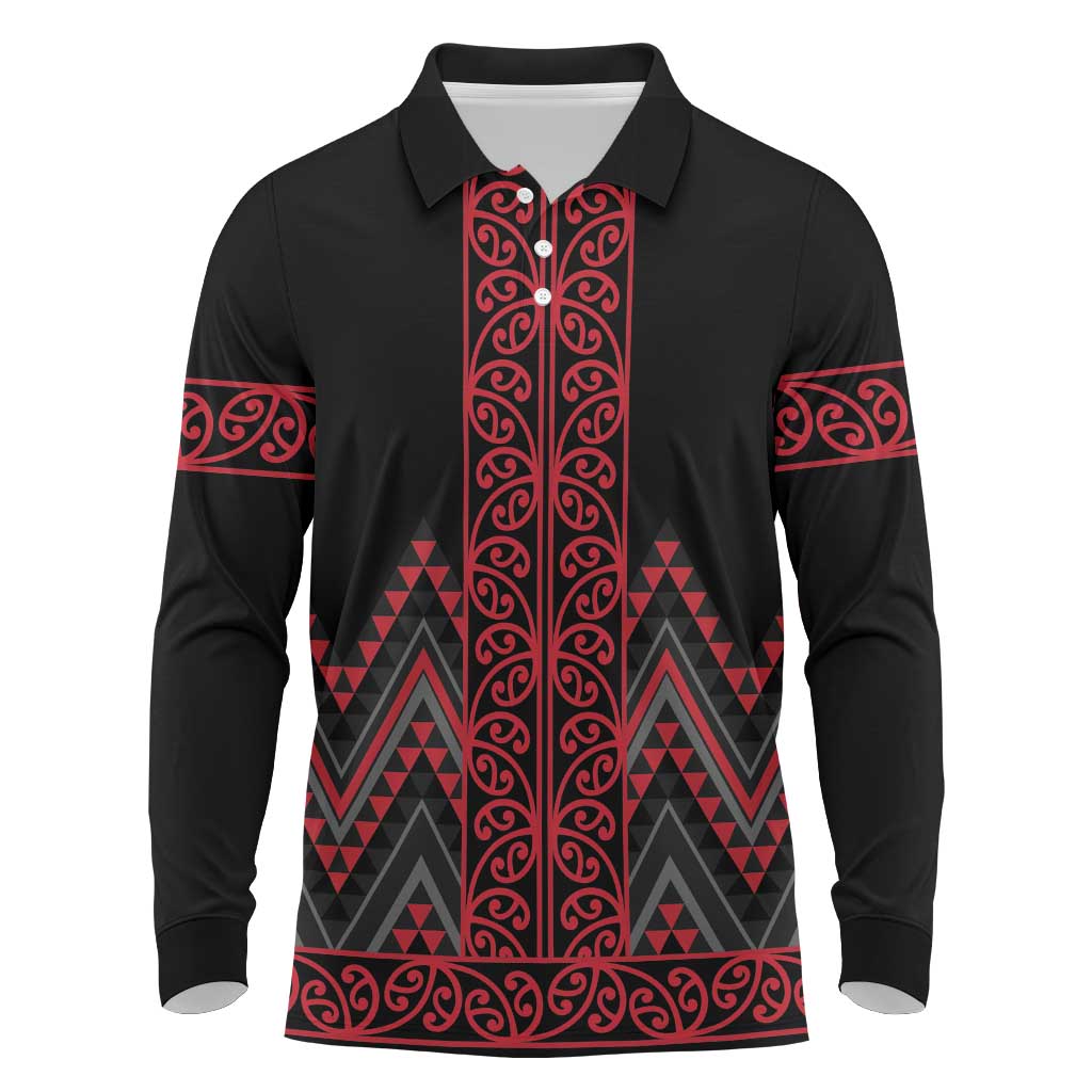 Red Aotearoa Mangopare Kowhaiwhai and Niho Taniwha Long Sleeve Polo Shirt Maori New Zealand
