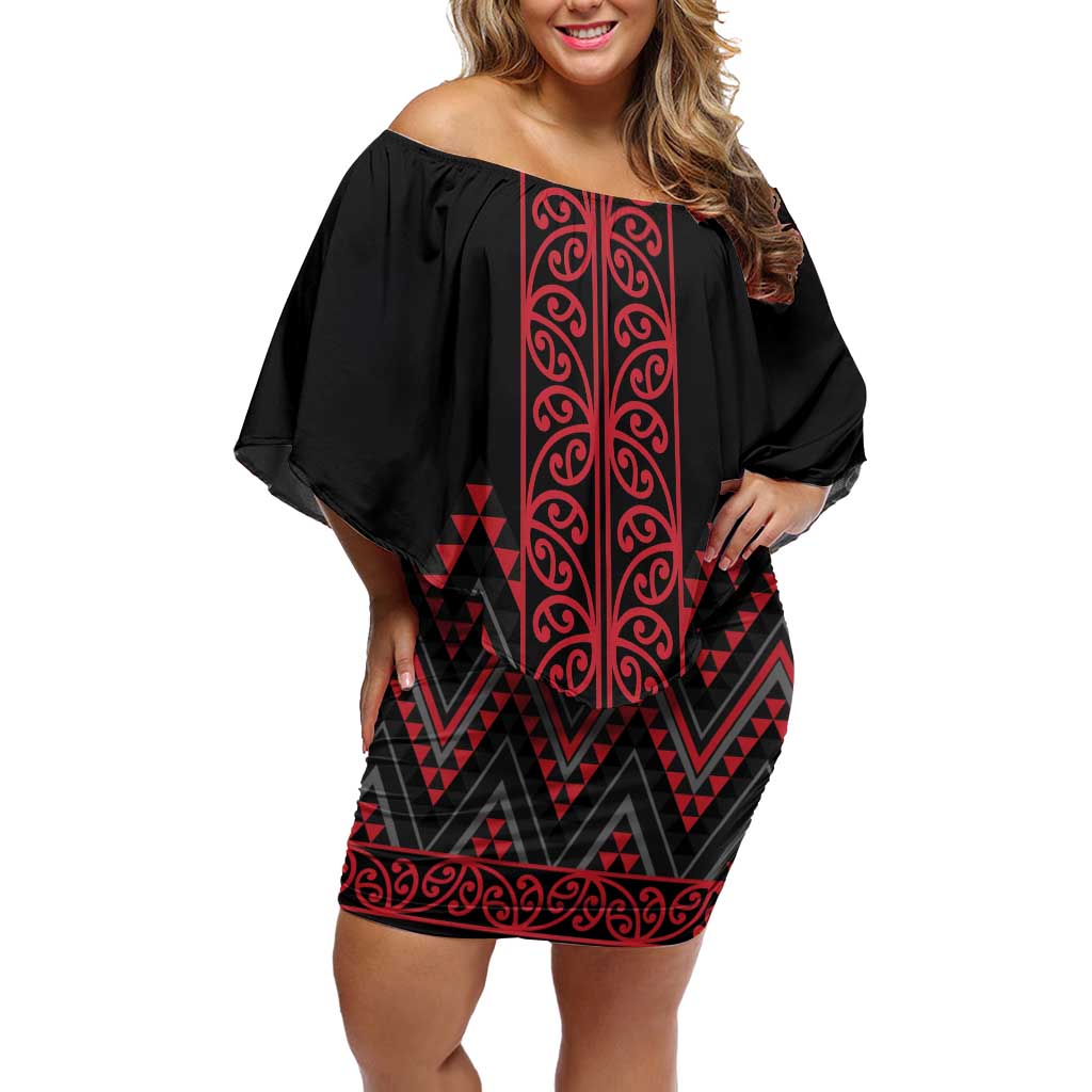 Red Aotearoa Mangopare Kowhaiwhai and Niho Taniwha Off Shoulder Short Dress Maori New Zealand