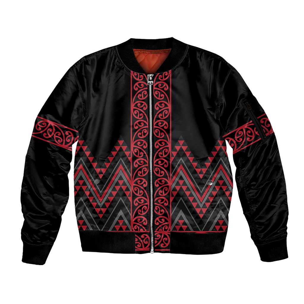 Red Aotearoa Mangopare Kowhaiwhai and Niho Taniwha Sleeve Zip Bomber Jacket Maori New Zealand LT14 Unisex Red - Polynesian Pride