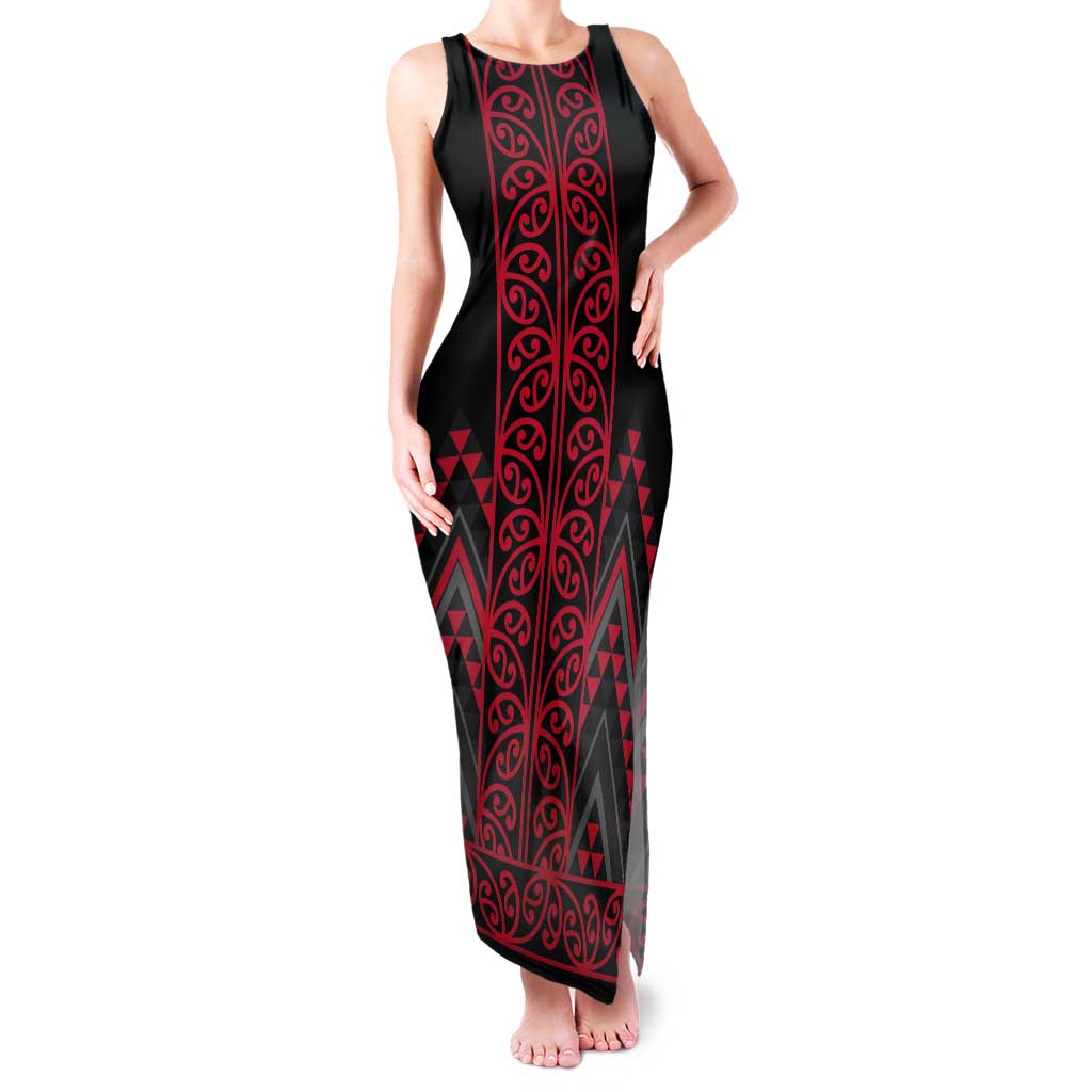 Red Aotearoa Mangopare Kowhaiwhai and Niho Taniwha Tank Maxi Dress Maori New Zealand