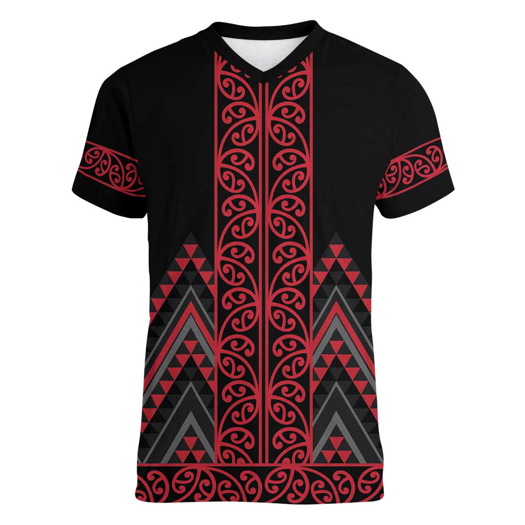 Red Aotearoa Mangopare Kowhaiwhai and Niho Taniwha Women V-Neck T-Shirt Maori New Zealand LT14 Female Red - Polynesian Pride