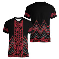 Red Aotearoa Mangopare Kowhaiwhai and Niho Taniwha Women V-Neck T-Shirt Maori New Zealand LT14 - Polynesian Pride
