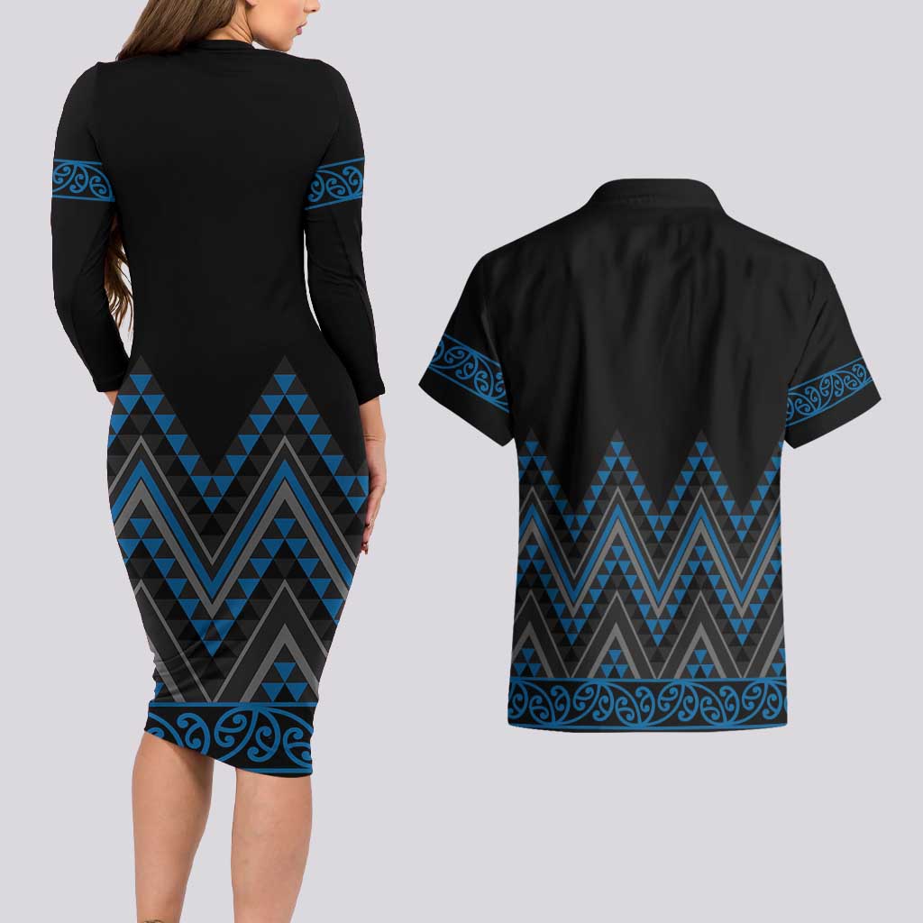 Blue Aotearoa Mangopare Kowhaiwhai and Niho Taniwha Couples Matching Long Sleeve Bodycon Dress and Hawaiian Shirt Maori New Zealand LT14 - Polynesian Pride