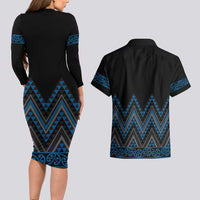 Blue Aotearoa Mangopare Kowhaiwhai and Niho Taniwha Couples Matching Long Sleeve Bodycon Dress and Hawaiian Shirt Maori New Zealand LT14 - Polynesian Pride