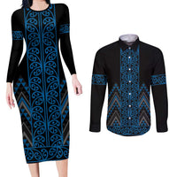Blue Aotearoa Mangopare Kowhaiwhai and Niho Taniwha Couples Matching Long Sleeve Bodycon Dress and Long Sleeve Button Shirt Maori New Zealand LT14 Blue - Polynesian Pride