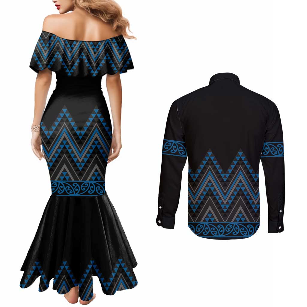 Blue Aotearoa Mangopare Kowhaiwhai and Niho Taniwha Couples Matching Mermaid Dress and Long Sleeve Button Shirt Maori New Zealand LT14 - Polynesian Pride