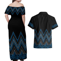 Blue Aotearoa Mangopare Kowhaiwhai and Niho Taniwha Couples Matching Off Shoulder Maxi Dress and Hawaiian Shirt Maori New Zealand LT14 - Polynesian Pride