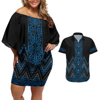 Blue Aotearoa Mangopare Kowhaiwhai and Niho Taniwha Couples Matching Off Shoulder Short Dress and Hawaiian Shirt Maori New Zealand LT14 Blue - Polynesian Pride