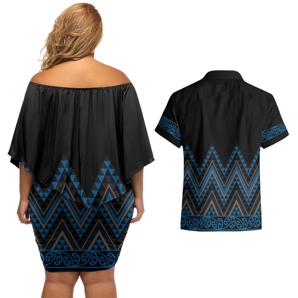 Blue Aotearoa Mangopare Kowhaiwhai and Niho Taniwha Couples Matching Off Shoulder Short Dress and Hawaiian Shirt Maori New Zealand LT14 - Polynesian Pride