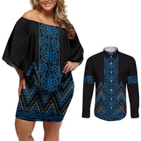 Blue Aotearoa Mangopare Kowhaiwhai and Niho Taniwha Couples Matching Off Shoulder Short Dress and Long Sleeve Button Shirt Maori New Zealand LT14 Blue - Polynesian Pride