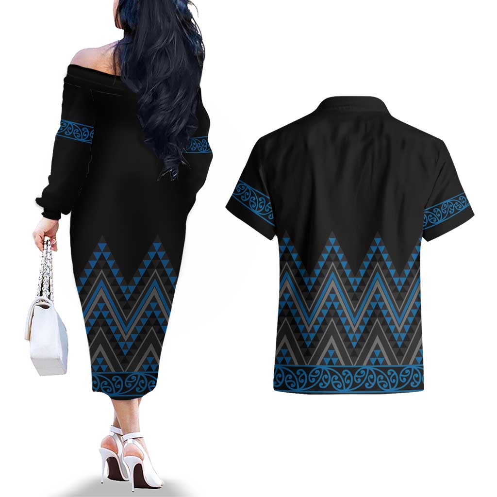 Blue Aotearoa Mangopare Kowhaiwhai and Niho Taniwha Couples Matching Off The Shoulder Long Sleeve Dress and Hawaiian Shirt Maori New Zealand