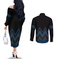Blue Aotearoa Mangopare Kowhaiwhai and Niho Taniwha Couples Matching Off The Shoulder Long Sleeve Dress and Long Sleeve Button Shirt Maori New Zealand LT14 - Polynesian Pride