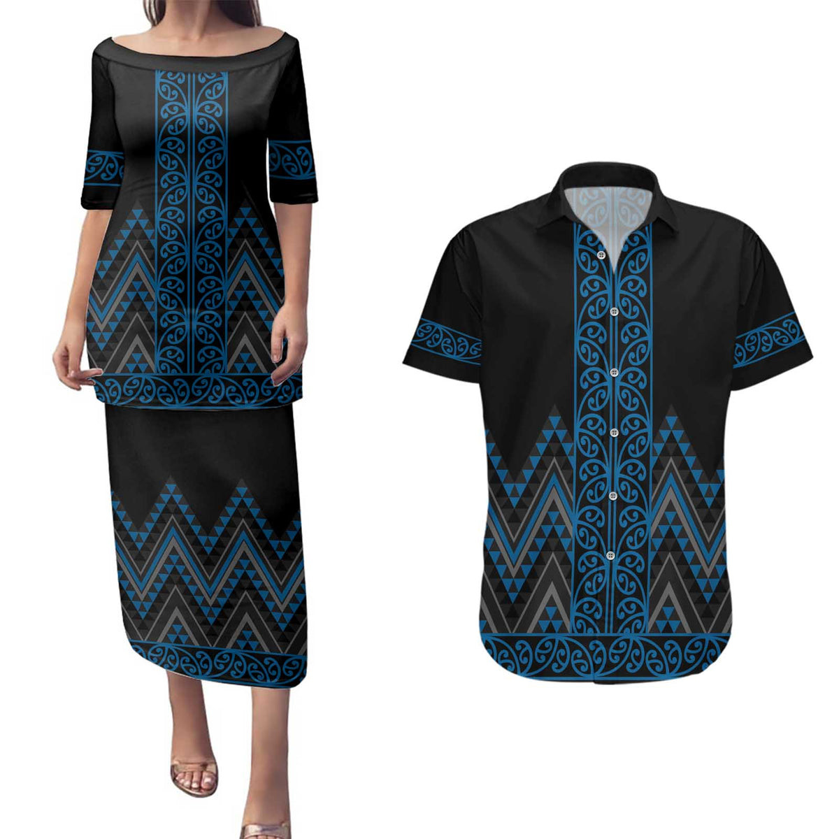 Blue Aotearoa Mangopare Kowhaiwhai and Niho Taniwha Couples Matching Puletasi and Hawaiian Shirt Maori New Zealand LT14 Blue - Polynesian Pride