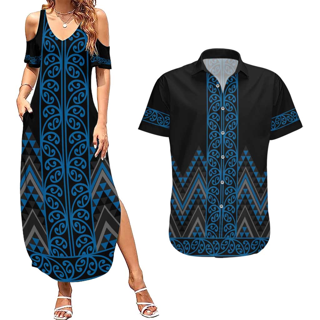 Blue Aotearoa Mangopare Kowhaiwhai and Niho Taniwha Couples Matching Summer Maxi Dress and Hawaiian Shirt Maori New Zealand LT14 Blue - Polynesian Pride
