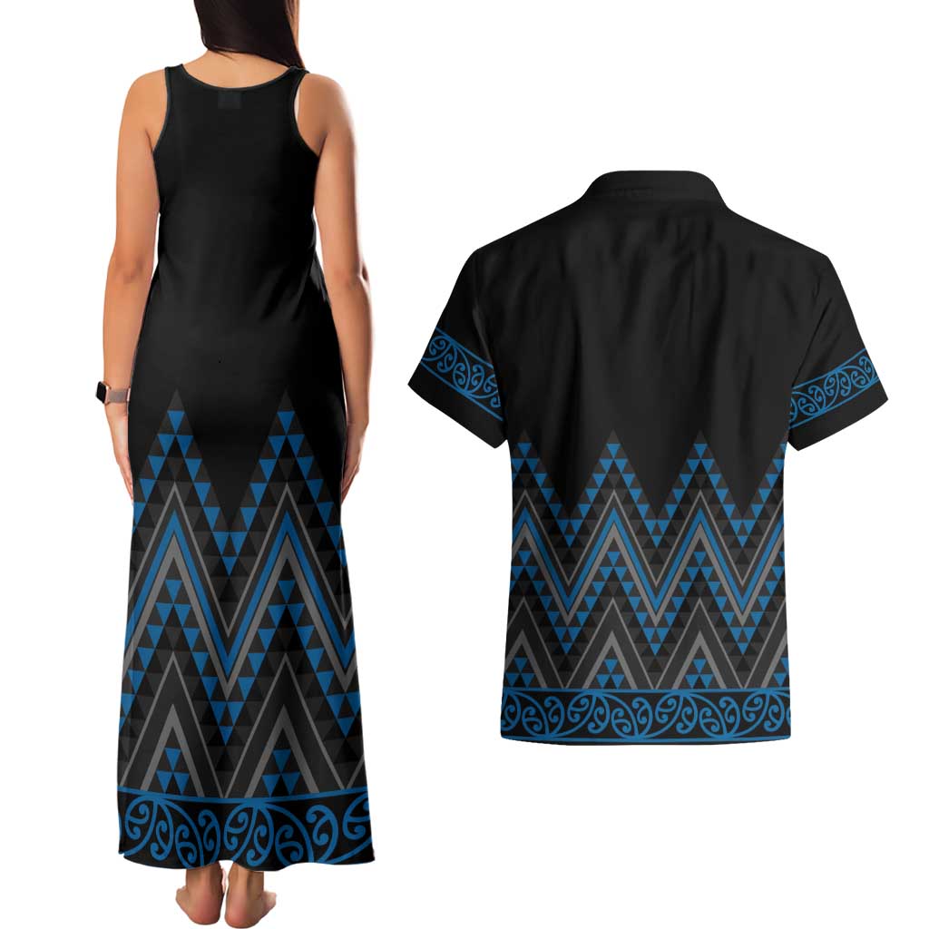 Blue Aotearoa Mangopare Kowhaiwhai and Niho Taniwha Couples Matching Tank Maxi Dress and Hawaiian Shirt Maori New Zealand LT14 - Polynesian Pride