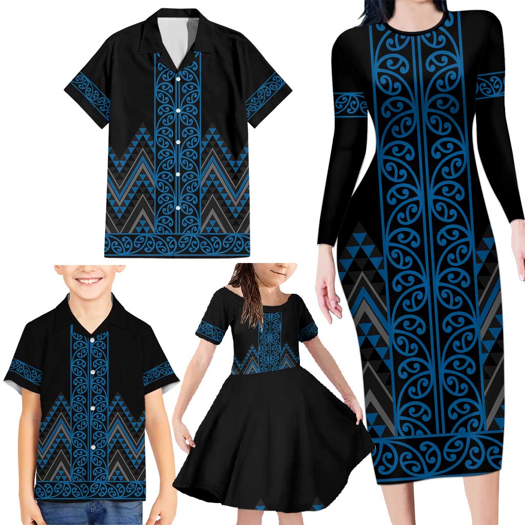 Blue Aotearoa Mangopare Kowhaiwhai and Niho Taniwha Family Matching Long Sleeve Bodycon Dress and Hawaiian Shirt Maori New Zealand LT14 - Polynesian Pride