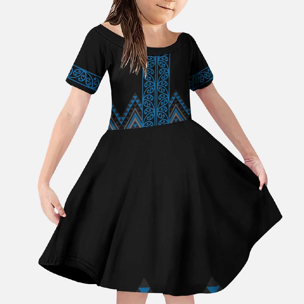 Blue Aotearoa Mangopare Kowhaiwhai and Niho Taniwha Family Matching Mermaid Dress and Hawaiian Shirt Maori New Zealand LT14 Daughter's Dress Blue - Polynesian Pride