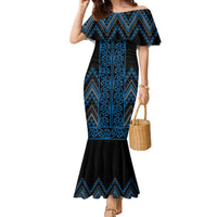 Blue Aotearoa Mangopare Kowhaiwhai and Niho Taniwha Family Matching Mermaid Dress and Hawaiian Shirt Maori New Zealand LT14 Mom's Dress Blue - Polynesian Pride