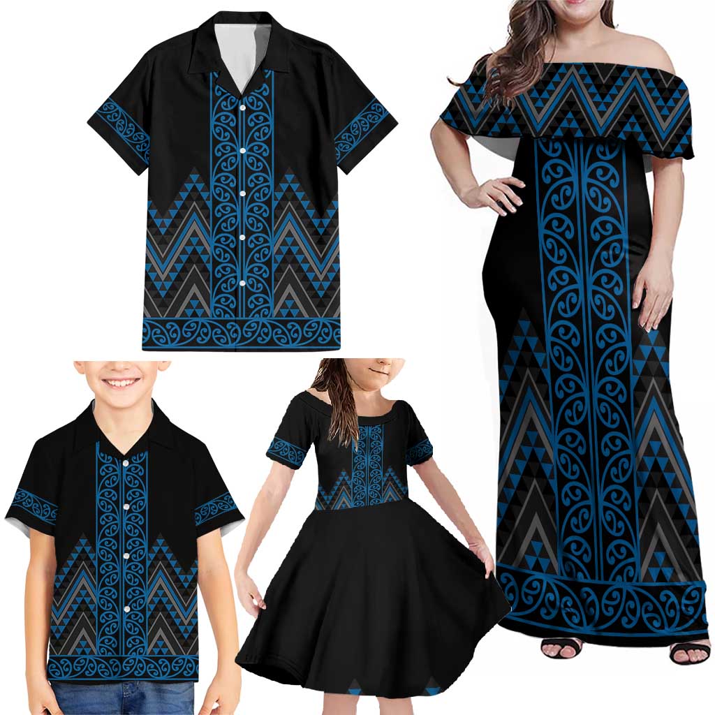 Blue Aotearoa Mangopare Kowhaiwhai and Niho Taniwha Family Matching Off Shoulder Maxi Dress and Hawaiian Shirt Maori New Zealand
