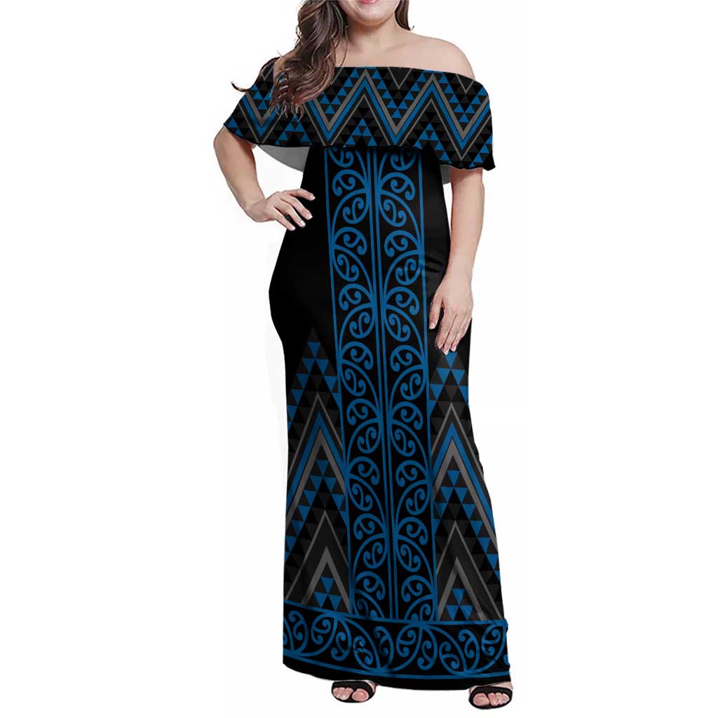 Blue Aotearoa Mangopare Kowhaiwhai and Niho Taniwha Family Matching Off Shoulder Maxi Dress and Hawaiian Shirt Maori New Zealand