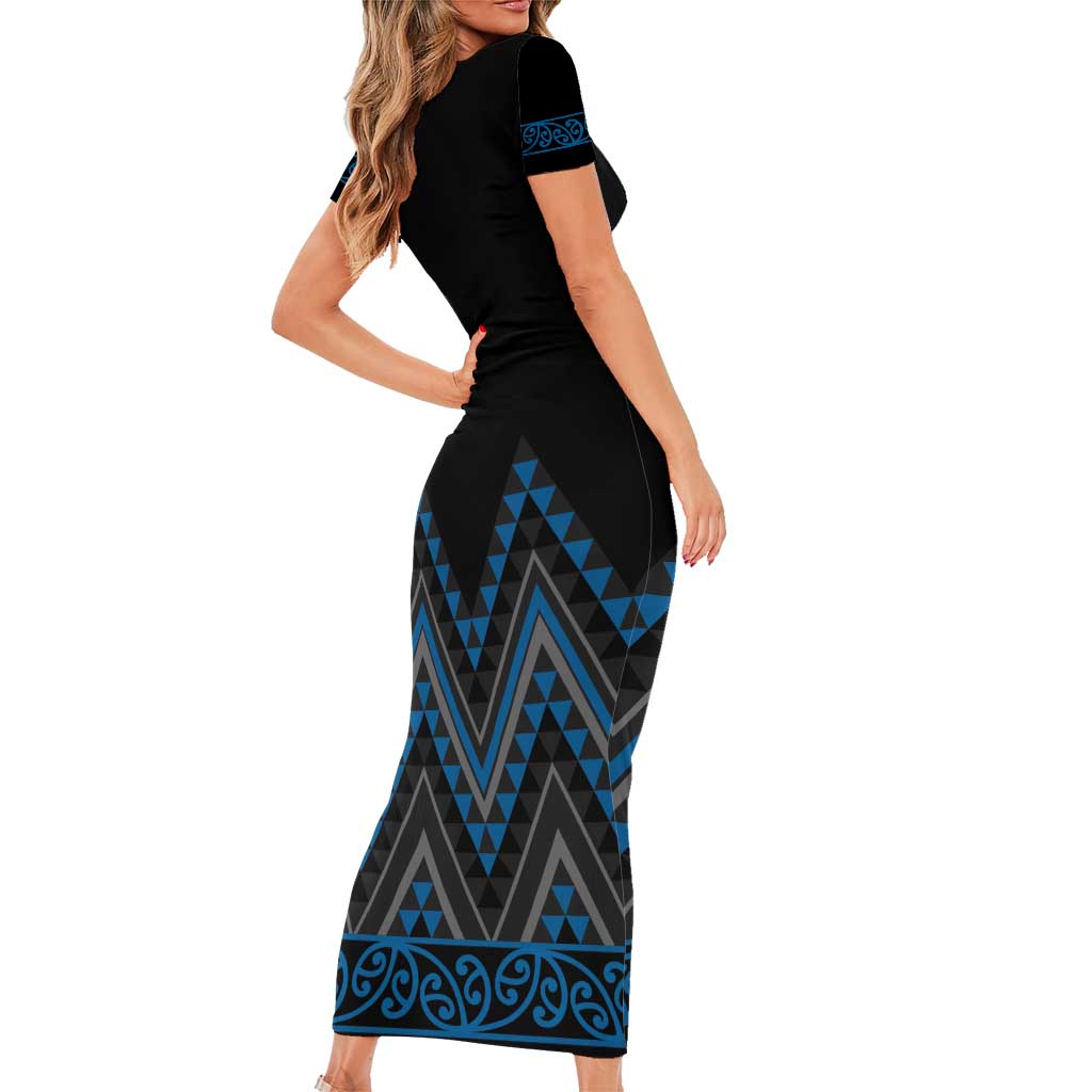 Blue Aotearoa Mangopare Kowhaiwhai and Niho Taniwha Family Matching Short Sleeve Bodycon Dress and Hawaiian Shirt Maori New Zealand LT14 - Polynesian Pride
