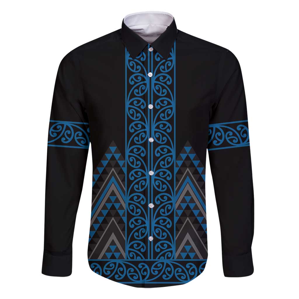 Blue Aotearoa Mangopare Kowhaiwhai and Niho Taniwha Family Matching Summer Maxi Dress and Hawaiian Shirt Maori New Zealand LT14 Dad's Shirt - Long Sleeve Blue - Polynesian Pride