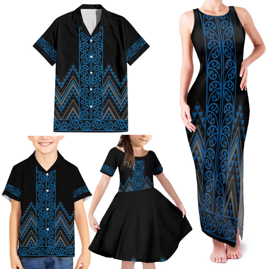 Blue Aotearoa Mangopare Kowhaiwhai and Niho Taniwha Family Matching Tank Maxi Dress and Hawaiian Shirt Maori New Zealand LT14 - Polynesian Pride