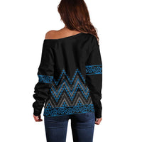 Blue Aotearoa Mangopare Kowhaiwhai and Niho Taniwha Off Shoulder Sweater Maori New Zealand