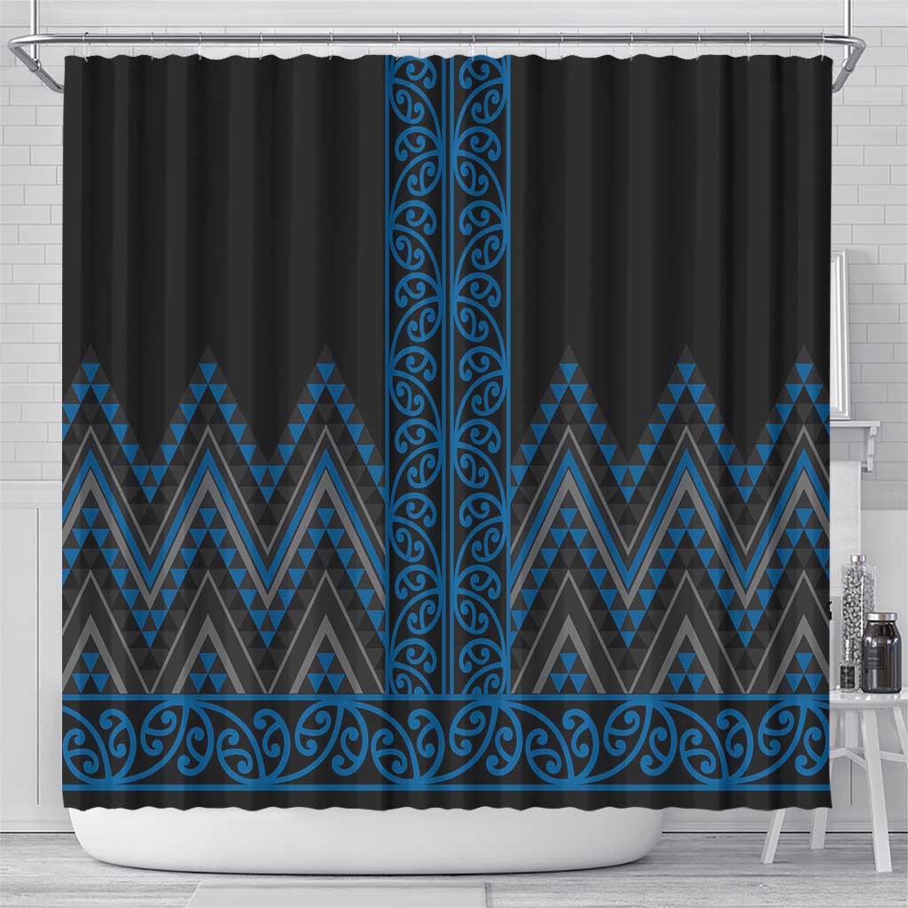 Blue Aotearoa Mangopare Kowhaiwhai and Niho Taniwha Shower Curtain Maori New Zealand