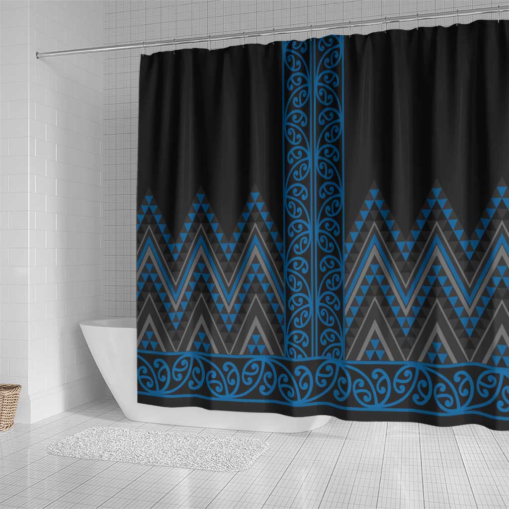 Blue Aotearoa Mangopare Kowhaiwhai and Niho Taniwha Shower Curtain Maori New Zealand